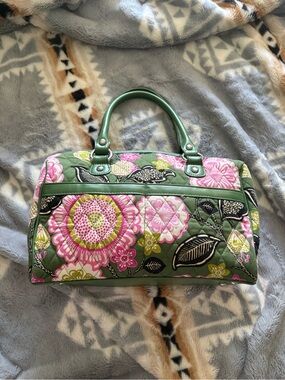 Vera Bradley Green Quilted Satchel with Pink Floral Print
